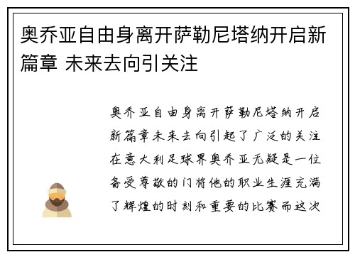 奥乔亚自由身离开萨勒尼塔纳开启新篇章 未来去向引关注